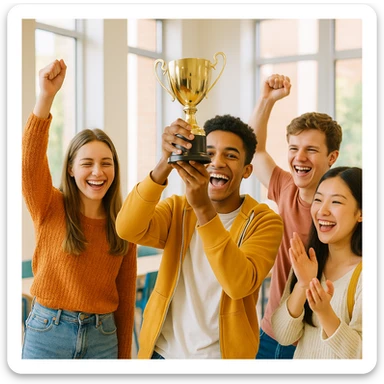 4 étudiants célébrant avec un trophée, ambiance chaleureuse, style moderne et lumineux, bright and modern atmosphere sticker