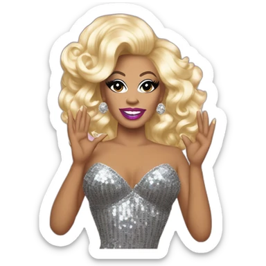 Drag queen, full body. Rupaul Charles. blonde hair styled swept to the side. sequin dress, posed with left hand on her hip, right hand raised in the air. Iconic, legendary, proud sticker