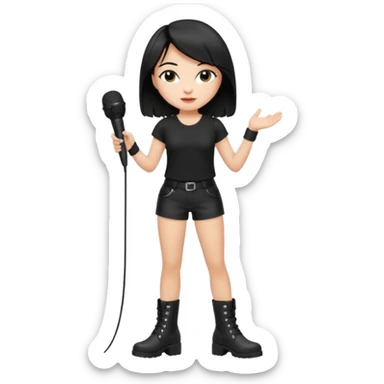 Crie uma cantora morena charmosa de shortes top e bota com microfone branca e cabelo preto Bota preta roupa preta sticker