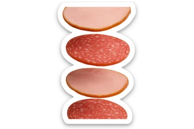 fettine di prosciutto cotto e di salame fluttuano in aria verticalmente, IPERREALISTICA 4K sticker