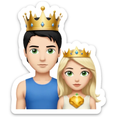 Prince with crown, black hair, body, legst, blue eyes, woman blonde hair, green eyes, sexy white short sleveless dress,  sticker