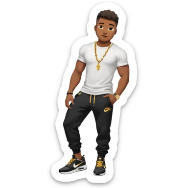 Handsome Black guy with brown skin tone, with muscular build, wearing black sweatpants, a white t-shirt, black Nike air max, a small gold rope chain, and a gold watch  sticker