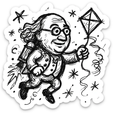 Ben Franklin with jetpack and diamond kite, minimalist, black outline, slightly chaotic lines sticker