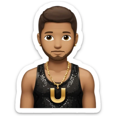 Usher with dark brown hair, black sequin tank top, necklace with letter u sticker