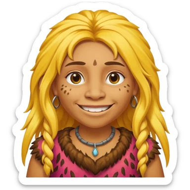 smiling Neanderthal woman with long yellow hair and animal skin clothing sticker