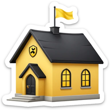 simple magic school, low detail, white background, magic school, black roof, with a big flag, big flag on a roof, big yellow flag, white school sticker