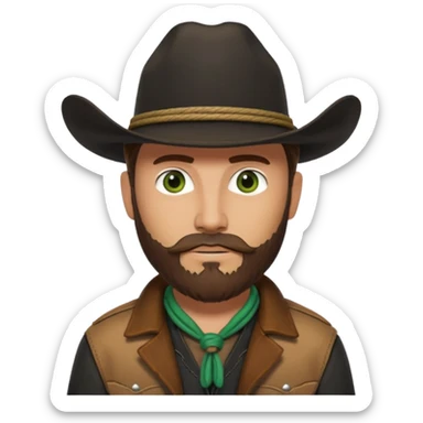 yellowstone ranch cowboy with brown beard & green eyes, black cowboy hat with plain black rope and no jewel, black shirt, and leather tan jacket sticker
