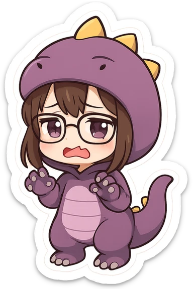 Chibi anime style girl with glasses, brown hair, dark purple eyes, wearing a purple dinosaur costume, sad expression, clawing the air with her hands, showing her teeth, no controller, no background. sticker