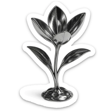chrome style plant with three metallic petals emerging from the ground, highly reflective and polished sticker