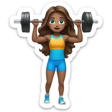 girl with long brown hair,  bright blue eyes, lifting weights sticker
