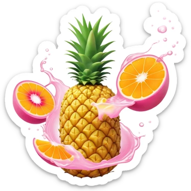 Golden pineapple, orange mango slices, pink papaya pieces, and a swirling white kefir drink floating around a glowing stomach. Light streams flow through the digestive system, showing enzymatic action dissolving blockages. sticker