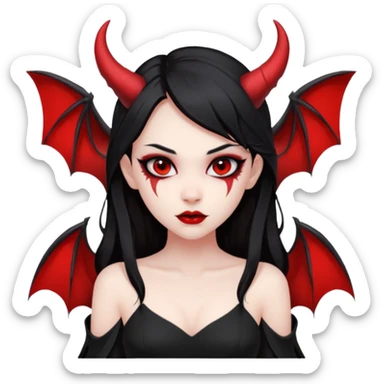 demon girl, skin red , black long hair, small horns, bat wing, black open-back dress, bold black outlines sticker