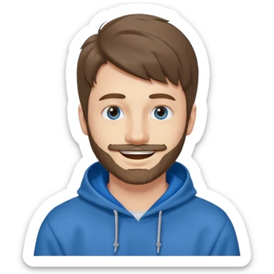 25 year old man, short scruffy beard and thin moustache, brown puffy mullet, blue eyes, big smile, white teeth, big lips, pronounced jaw, hair longer in back, sticking up on top, thin face, grey hooded sweatshirt, pale skin, big smile, blue eyes sticker