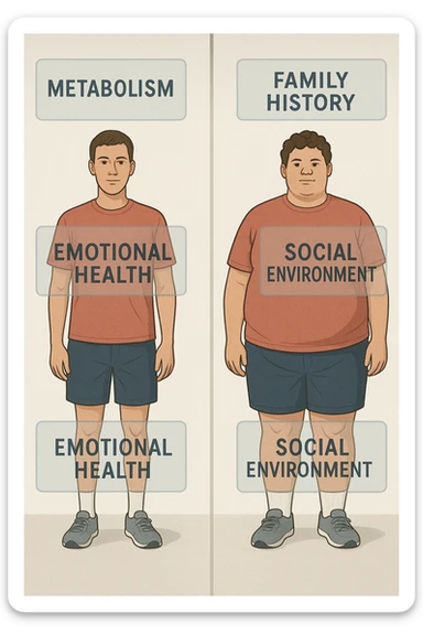 a split illustration showing two individuals with similar lifestyles but different body types. Around them, transparent overlays display factors such as metabolism, family history, emotional health, and social environment, highlighting the complexity behind body weight differences. The background is neutral and modern. realistica sticker