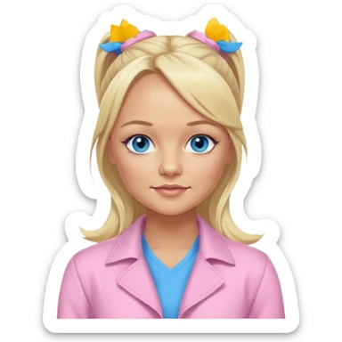 Emma Bunton with long blonde ponytail hair, blue eyes, light pink outfit sticker