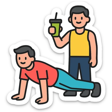 one man doing push-ups, the other man holding a smoothie cup, icon style, clean lines, fitness theme sticker