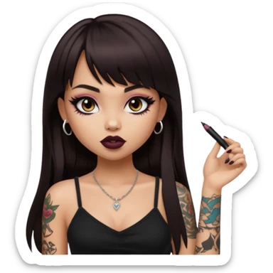 generate a pretty bratz girl in black cami top, dark brown straight long hair with bangs, eyeliner on, with tattoos sticker