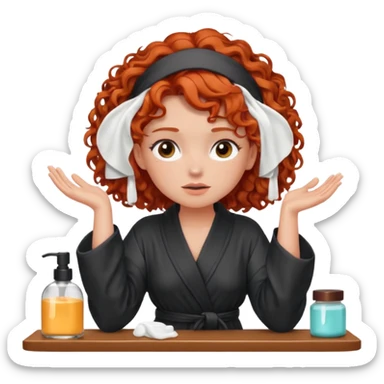Cartoon emoji of a girl with voluminous curly red hair, fair skin, warm brown eyes. Wearing a chic milky silk robe with long sleeves, no makeup. Sitting at a vanity full of skincare products, holding her head with both hands, unsure which to choose. Smooth, simple, stylized." sticker