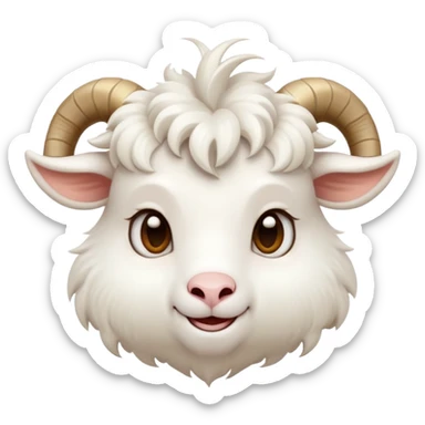 cinematic-cute-white-goat-portrait-emoji,-head-tilted-playfully-and-inquisitively,-featuring-a-fluffy,-immaculate-white-fur-with-charming-curved-horns,-round,-sparkling-eyes-filled-with-gentle-curiosity,-simplified-yet-irresistibly-adorable sticker