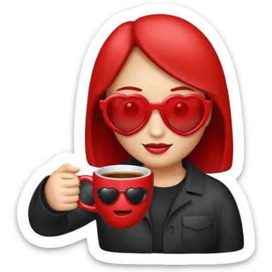 make me an heart emoji which as an sunglass on bt no face and holds a coffee mug, the heart should be read an the whole emoji should look like the whats app or apple emoji, in this style sticker