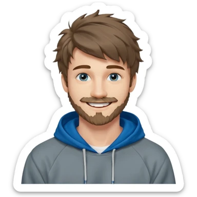 20 year old man, short scruffy beard and thin moustache, brown puffy mullet, blue eyes, big smile, white teeth, big lips, pronounced jaw, hair longer in back, sticking up on top, thin face, grey hooded sweatshirt, pale skin, big smile, blue eyes, puffy hair that is long in back sticker