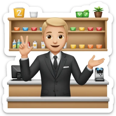 friendly salesman at a counter gesturing to a product sticker