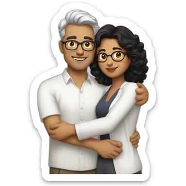 Indian woman with medium curly hair hugging a tall white man with black hair and glasses in a white shirt sticker
