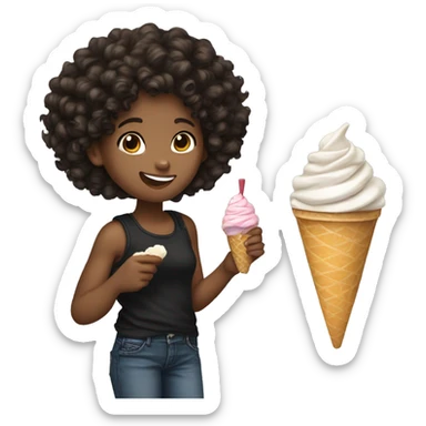 A 13 year old girl dark brown hair (curly), wearing a black tank top and jeans, eating an icecream sticker
