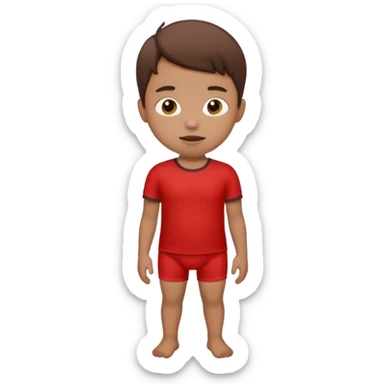 A kid wearing a poopy underwear with a red t-shirt sticker