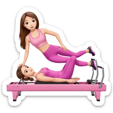 long brown hair girl doing a plank on a pilates reformer in a pink workout set sticker