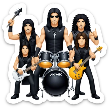 Icon for Heavy Metal: Anthrax live concert with Charlie Benante on drums, Joey Belladonna on vocals, Frank Bello on bass, Jonathan Donais and Scott Ian on guitars. The intense energy of the band is captured with instruments and stage lighting. Transparent background. sticker