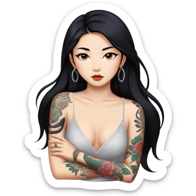 Beautiful Asian woman with long black hair and body tattoos sexy pose sfw sticker