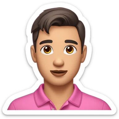 young handsome man with straight short dark hair and dark eyes with large eyelashes and plump pink lips protruding cheekbones in a sports polo shirt with a dog sticker