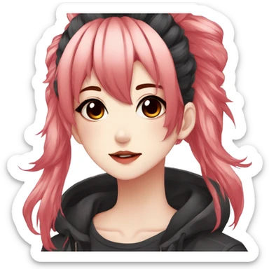 Gorgeous anime style shojo character with blushing face aesthetic and pretty edgy black red punk hair with hair garment trending style sticker