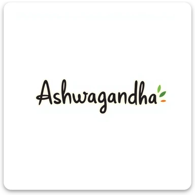 The word "Ashwagandha" hand-drawn in white/cream colored text with just a few green and orange accents. Simple doodle style. sticker