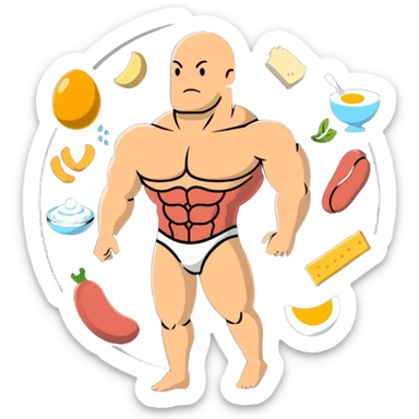 A floating warm orb with bright food icons (meat, egg, beans, tofu, yogurt) orbiting around a semi-transparent muscular human body. The body glows from within, with visible muscle fibers vibrating and expanding. sticker
