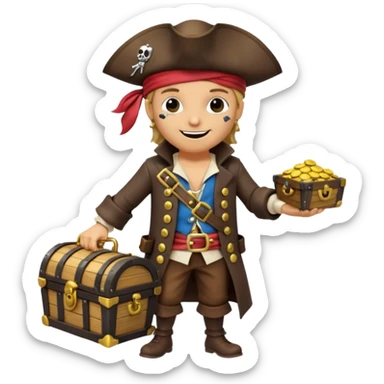 A 3D cartoon pirate character with one eye covered by a black eye patch, holding a treasure chest filled with gold coins and jewels, standing on sandy ground, wearing a pirate hat and coat, warm sunset lighting, realistic Memoji-style rendering. sticker