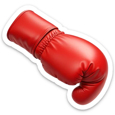 A small, bold boxing glove with a shiny red leather texture, clenched and angled forward, dynamic motion lines around it, symbolizing a powerful punch, clean white background sticker