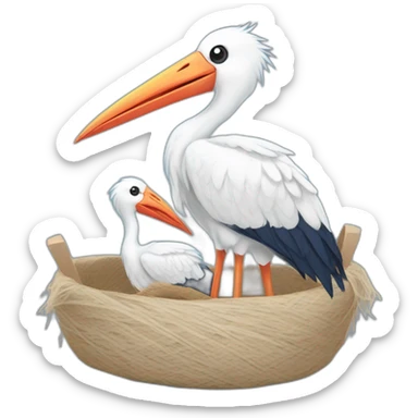 White stork carrying a blue bundle of cloth in its beak that has a human baby with dark hair and the baby head is peeking from the fabric bundle the strok is carrying with its beak sticker