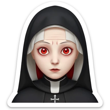 cursed village nun portrait, head and shoulders only, dark hood, mysterious expression, red accents, eerie glow, 3D cartoon, mobile game icon style, clean background, no text, no watermark

 sticker