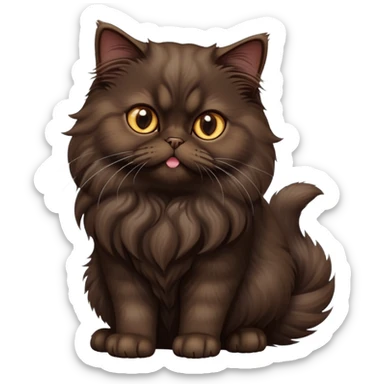 cinematic-[dark brown persian cat]-realistic-full-body-sitting-emoji,-tail-curled-playfully-around-its-paws,-head-tilted-dramatically,-fluffy-[dark brown]-fur,-simplified-yet-realistic-focused-features,-highly-detailed,-glowing-with-an-almost-sarcastic-glow sticker