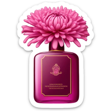 Aesthetic composition of dark pink chrysanthemums and an antique deep pink perfume bottle. sticker