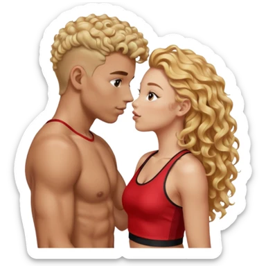 athletic man, high top fade, blonde curly hair only top only, no shirt and Athletic girl with long light RED wavy long hair and black sports, Put them together kissing, or holding hands give the girl red hair  sticker