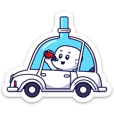 car with a driver sipping from a bottle, wobbly motion lines sticker
