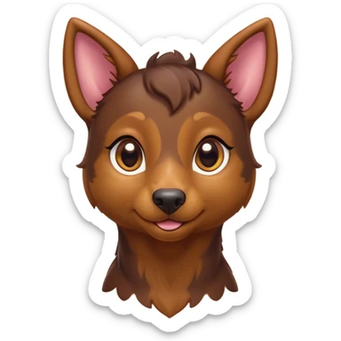 Cinematic Cute Brown and Tan Kelpie Portrait Emoji, Head tilted playfully and inquisitively, featuring a glossy brown Fur with vibrant tan accents, round, sparkling warm eyes filled with curiosity, Simplified yet irresistibly adorable features, highly detailed, glowing with a warm, friendly glow, high shine, affectionate and spirited, stylized with a touch of whimsy, bright and endearing, soft glowing outline, capturing the essence of a mischievous yet loving herder, so playful it feels like it could leap out of the screen and into your arms! sticker