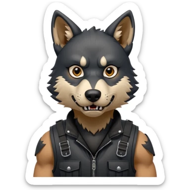 A full black anthropomorphic wolf with white marks, he is wearing a rubber like dog muzzle, and his ears are standing up with a variety of piercings. He has a black tactical vest on, and he is in a grumpy mood, his arms just hanging by his side sticker