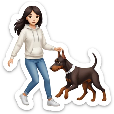 A beautiful girl with long hair wearing a white sweatshirt and jeans is chasing Doberman sticker