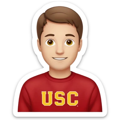 happy pale white man with brown hair in a red sweatshirt with USC in yellow letters sticker