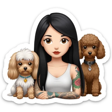 girl with long black  straight hair and tattoos and a  white Yorkshire and a brown poodle sticker