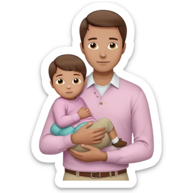 A father with neatly combed chestnut-brown hair, wearing a white button-up shirt and light khaki pants, holding his child close. The child has silky dark hair and a pale pink sweater. Bright natural light, clean and gentle mood. sticker